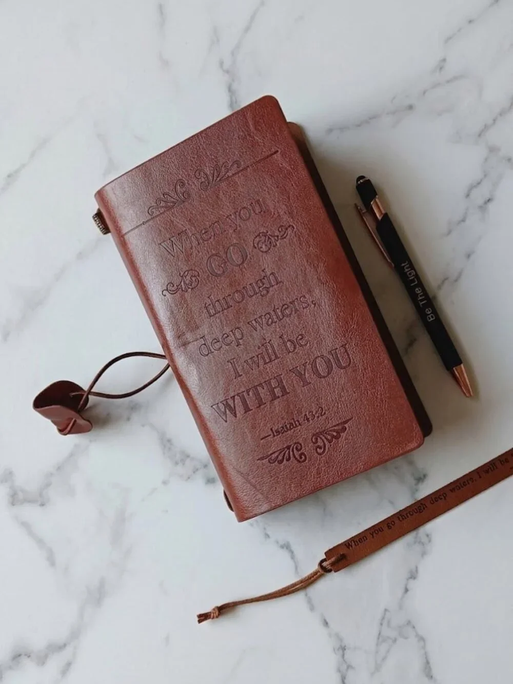 Brown Embossed Leather Journal with Pen Bookmark - Isiah 43:2